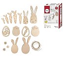 Koka dekoru komplekts "Lieldienas", 1.8cm-12cm, biezums 2-3mm, dažādas formas, ar aukliņu, 16 gab.