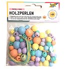 Koka pērļu komplekts "Pastel", dažādi izmēri, 60g, apt. 85 gab. + kokvilnas aukla 2x85cm