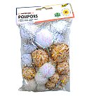 Pomponi ar spīdumiem "Glitter X-mas", D:1-4 cm, 30 gab., balti+bēši, ZS, 100% poliesters