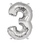 Folijas balons, numurs "3", 96cm, 1gab., sudraba krāsā