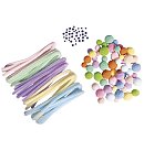 125 gab. komplekts pomponi, šenila stieples, plastmasas actiņas, pasteļtoņos