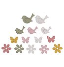 Krāsainie koka dekori "Birdy" ar pašlīmējošo punktu, 2,9-5cm, 14gab.