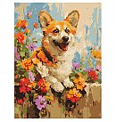 Komplekts gleznošanai pēc numuriem "A corgi in flowers", audekls uz apakšrāmja, 30х40cm
