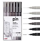 Marķieru komplekts "UNI PIN Grey& Black", 6 gab., gaiši pelēks/ tumši pelēks/ melns