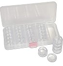 Caurspīdīgi plastmasas kopā saskrūvējami trauciņi (5 vāki + 25 trauciņi) un kaste (19x9.9x3.6cm)