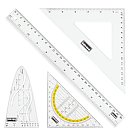Ģeometrijas lineālu komplekts ( lineāls 30cm; 2 trijstūri, parabola), caurspīdīgi, Idena