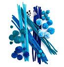 80 gab. komplekts: pomponi, šenila stieples, plastmasas actiņas, zilie toņi