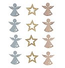 Krāsainie koka dekori "Angel+Star", ar pašlīmējošo punktu, 3.6x4cm, 12gab.