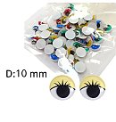 Krāsainas plastmasas actiņas ar skropstām, kustīgas, D:10mm, 100 gab.
