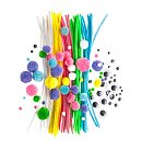 Radošais komplekts pomponi, šenila stieples, plastmasas actiņas, 130 daļas, pasteļtoņos