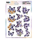 Izgrieztu motīvu loksne 3D atklātnēm "Berries Beauties - Flutter Flair - Purple Flutters", A4, 1 loksne